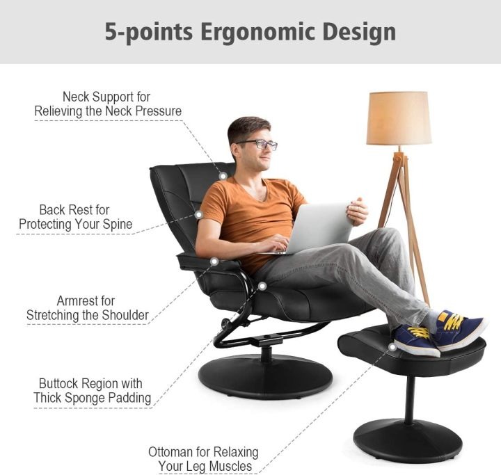 WATERJOY - Sillón reclinable Giratorio de Piel sintética, sillón reclinable de 360 Grados Giratorio, Acolchado con reposapiés, Taburete otomano para Oficina, Sala de Estar, Color Negro