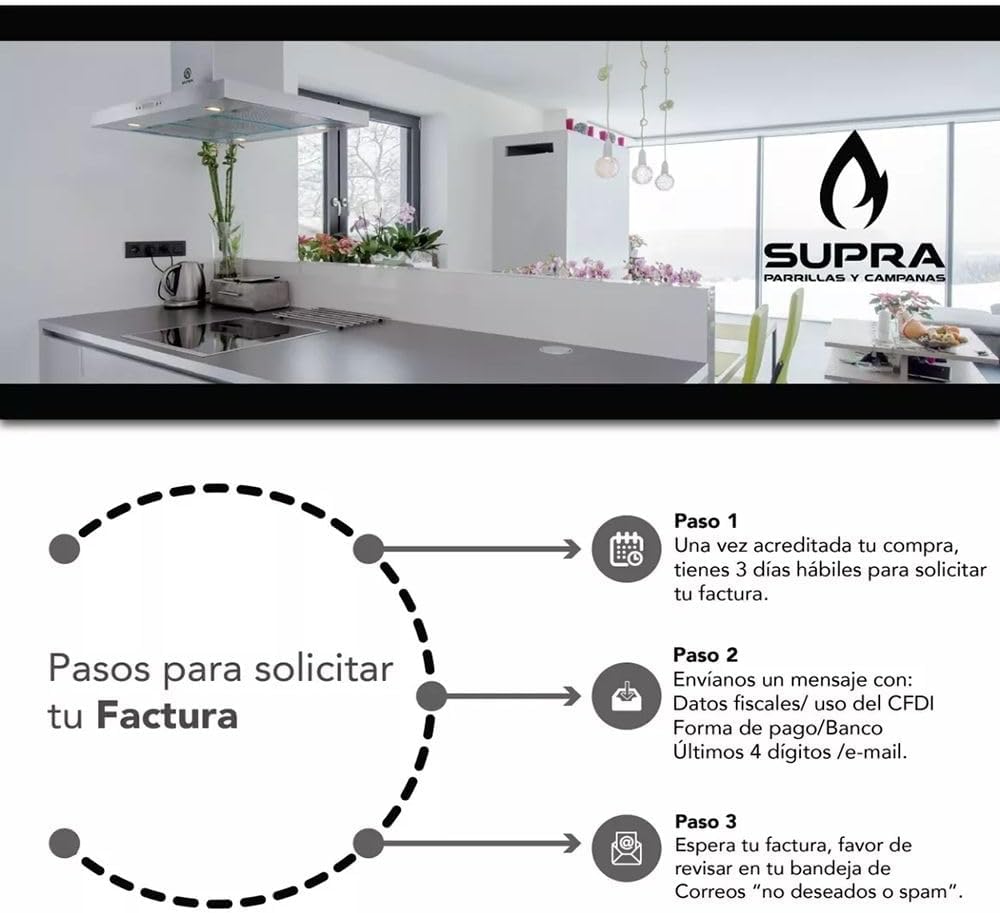 SUPRA Combo empotrable Udine, Parrilla a gas de 5 quemadores para empotrar de 87 cm Mod. 5Q-ES-87, Campana extractora de cristal curvo templado tipo pared para 90 cm Mod. CC-90-AC