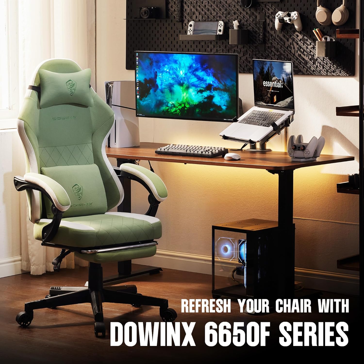 Dowinx - Silla de juego de tela con cojín de resorte de bolsillo, silla ergonómica de computadora con respaldo alto con reposapiés para adultos, soporte lumbar de masaje, silla de juego giratoria para