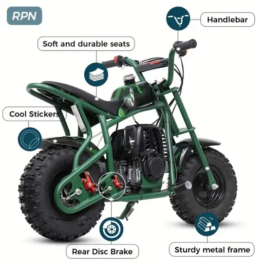 50CC 2-Tiempos Mini Dirt Bike, Motocicleta todoterreno a gasolina, Hasta 20 MPH, Cuenta con frenos de disco, asiento acolchado suave, paseos suaves y aprobación de la EPA, Soporta hasta 165 libras.