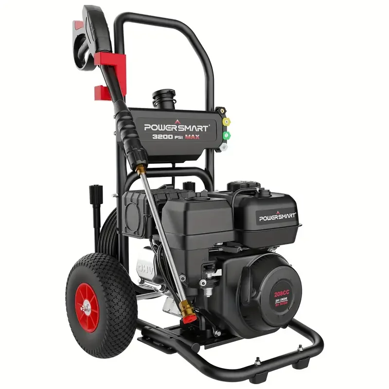 Hidrolavadora a Gas PowerSmart, 3200 PSI 2.5 GPM Bomba de leva axial, Tanque de jabón a bordo de 208 cc, 5 boquillas QC Manguera de 25 pies, Pistola pulverizadora y varilla para limpiar autos/casas