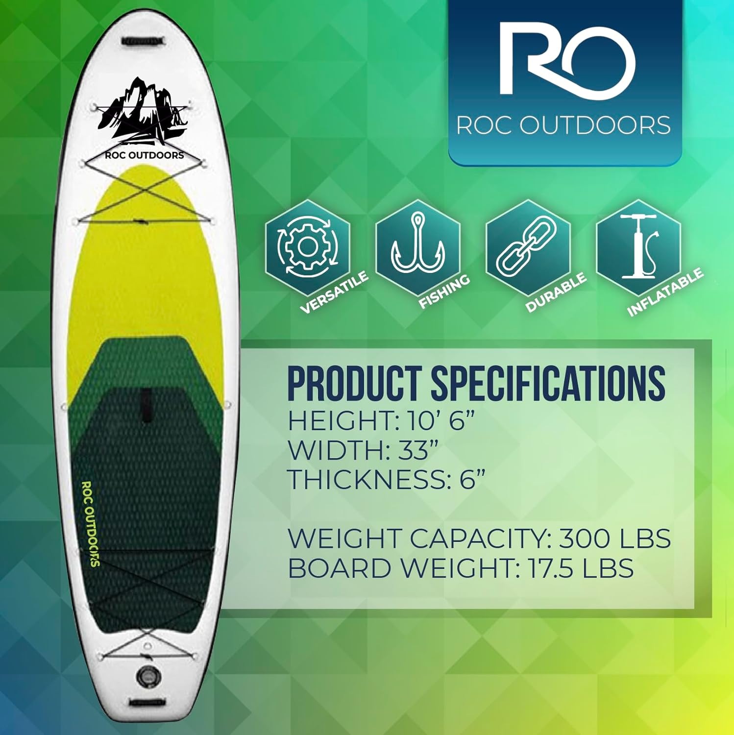 Roc Inflatable Stand Up Paddle Boards with Premium Sup Paddle Board Accessories, Wide Stable Design, Non-Slip Comfort Deck for Youth & Adults