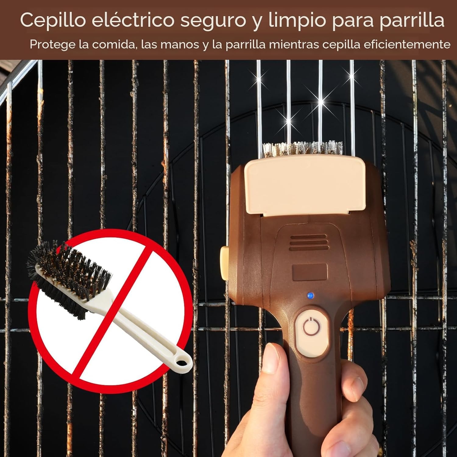 Cepillo eléctrico para parrillas de exterior, limpiador eléctrico inalámbrico para parrillas, cepillo de acero inoxidable recargable para limpieza de parrillas, raspador para parrillas, accesorios para barbacoa (marrón)