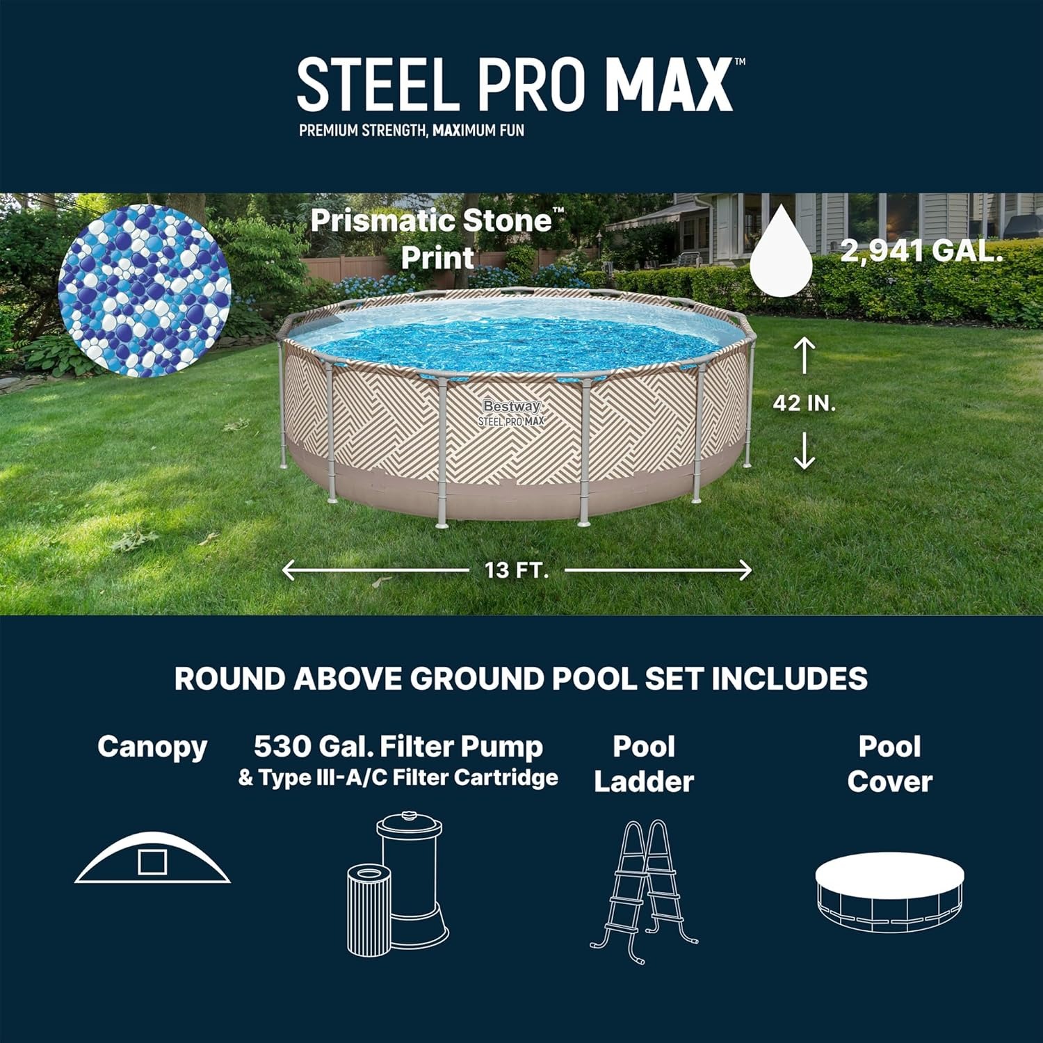 Bestway Steel Pro - Juego de piscina redonda sobre el suelo de 13 x 42 pulgadas con capacidad de 2.941 galones, revestimiento DuraPlus, bomba de filtro, toldo, escalera y parche de reparación