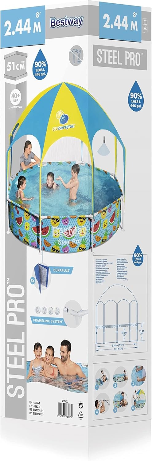 Bestway Alberca Infantil Rigida Redonda con Toldo, 2.44 x 51 cm