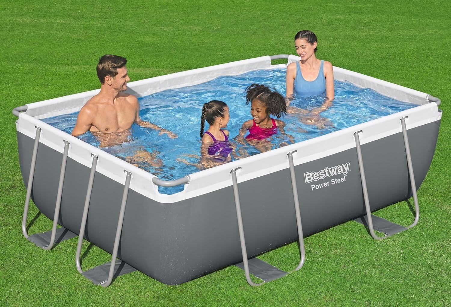 Bestway: Power Steel - Juego de piscina sobre el piso de 9 pies 3 pulgadas x 6 pies 5 pulgadas x 33 pulgadas, 937 galones, piscina familiar rectangular al aire última intervensión, resistente a la corrosión y a los pinchazos, incluye dispensador ChemConne