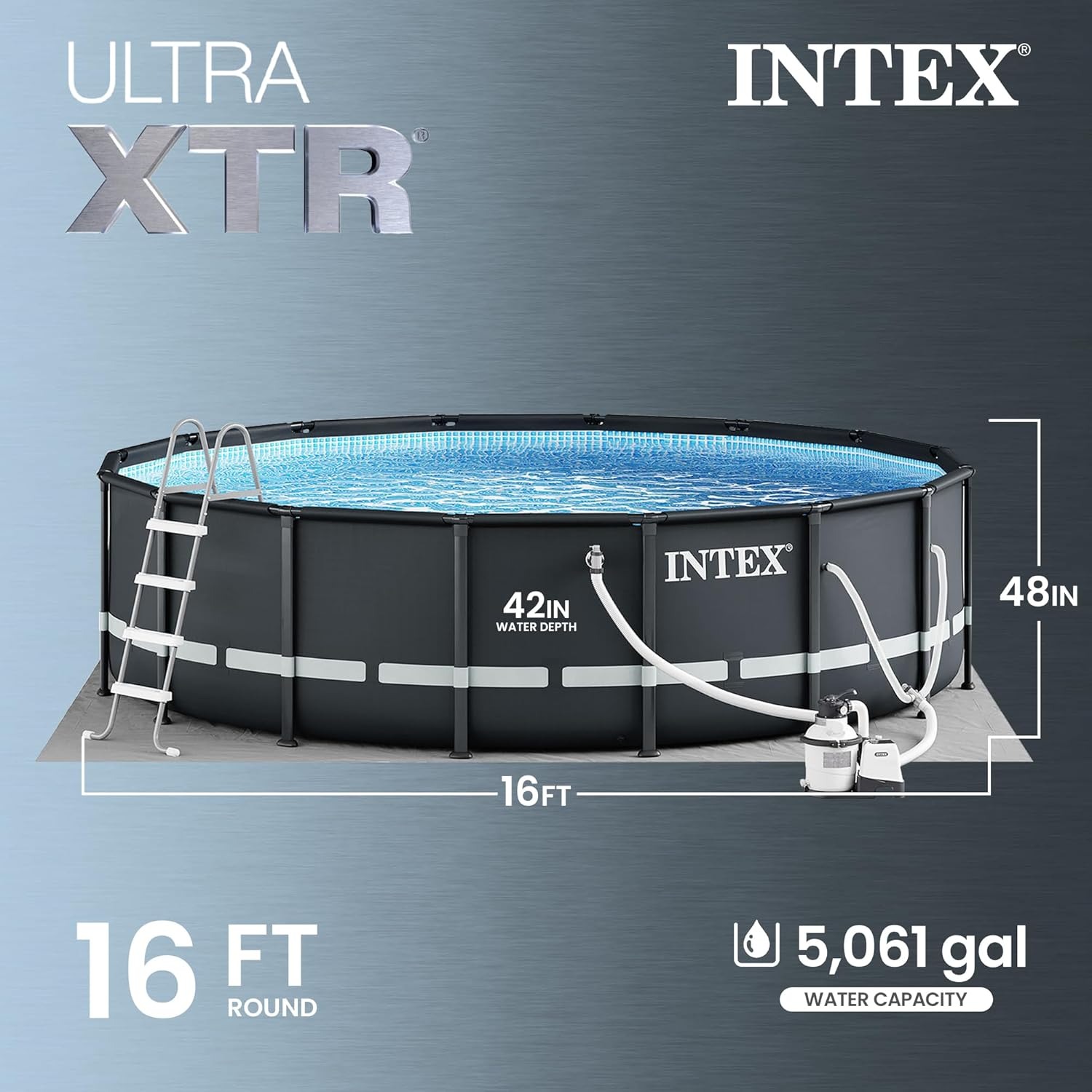 Set de piscina Intex Ultra XTR de 16 pies x 48 pulgadas, con bomba de filtro de arena, escalera, tapiz de suelo y cobertor.