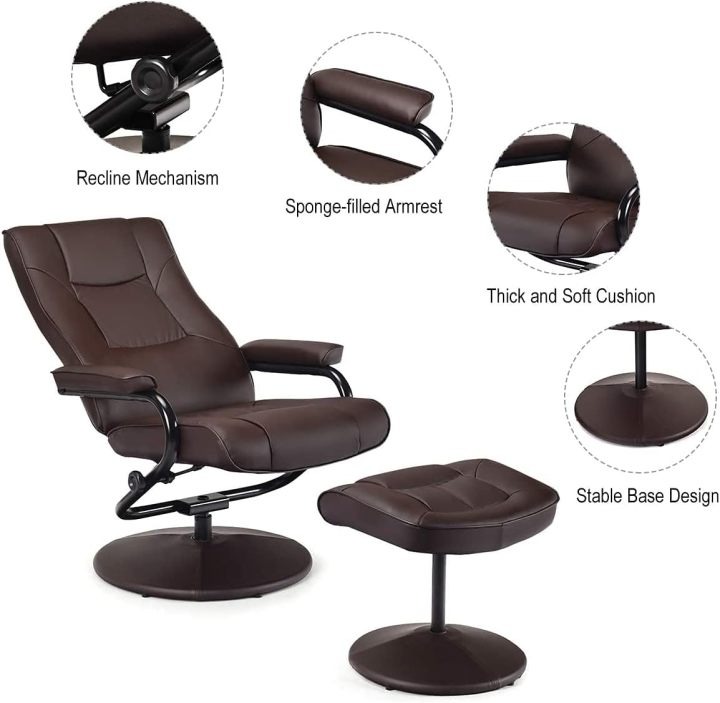 WATERJOY - Sillón reclinable Giratorio de Piel sintética, sillón reclinable de 360 Grados Giratorio, Acolchado con reposapiés, Taburete otomano para Oficina, Sala de Estar, Color Negro