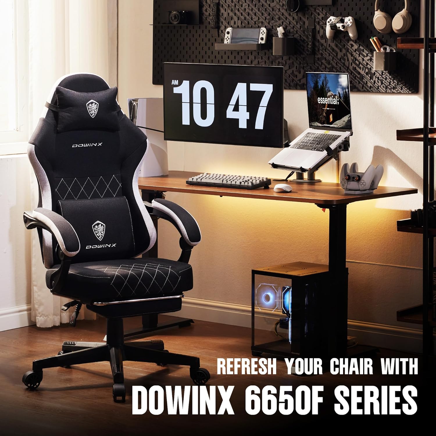 Dowinx - Silla de juego de tela con cojín de resorte de bolsillo, silla ergonómica de computadora con respaldo alto con reposapiés para adultos, soporte lumbar de masaje, silla de juego giratoria para