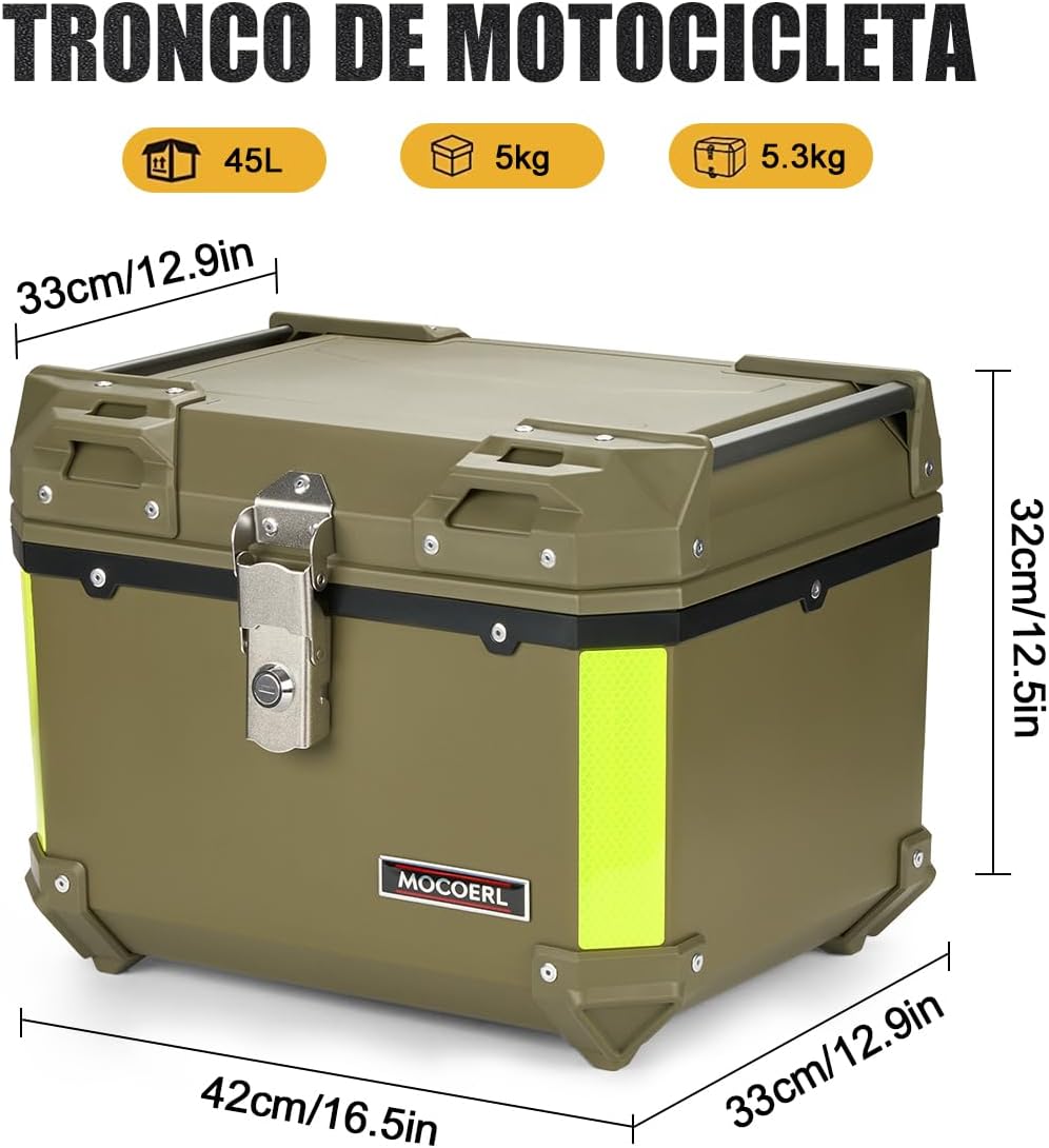 MOCOERL-Impermeable Baul Trasero Caja Moto Abs Respaldo Acojinado 45l Puede contener 1 casco Con cierre de seguridad de acero inoxidable Verde militar (E-570-G)