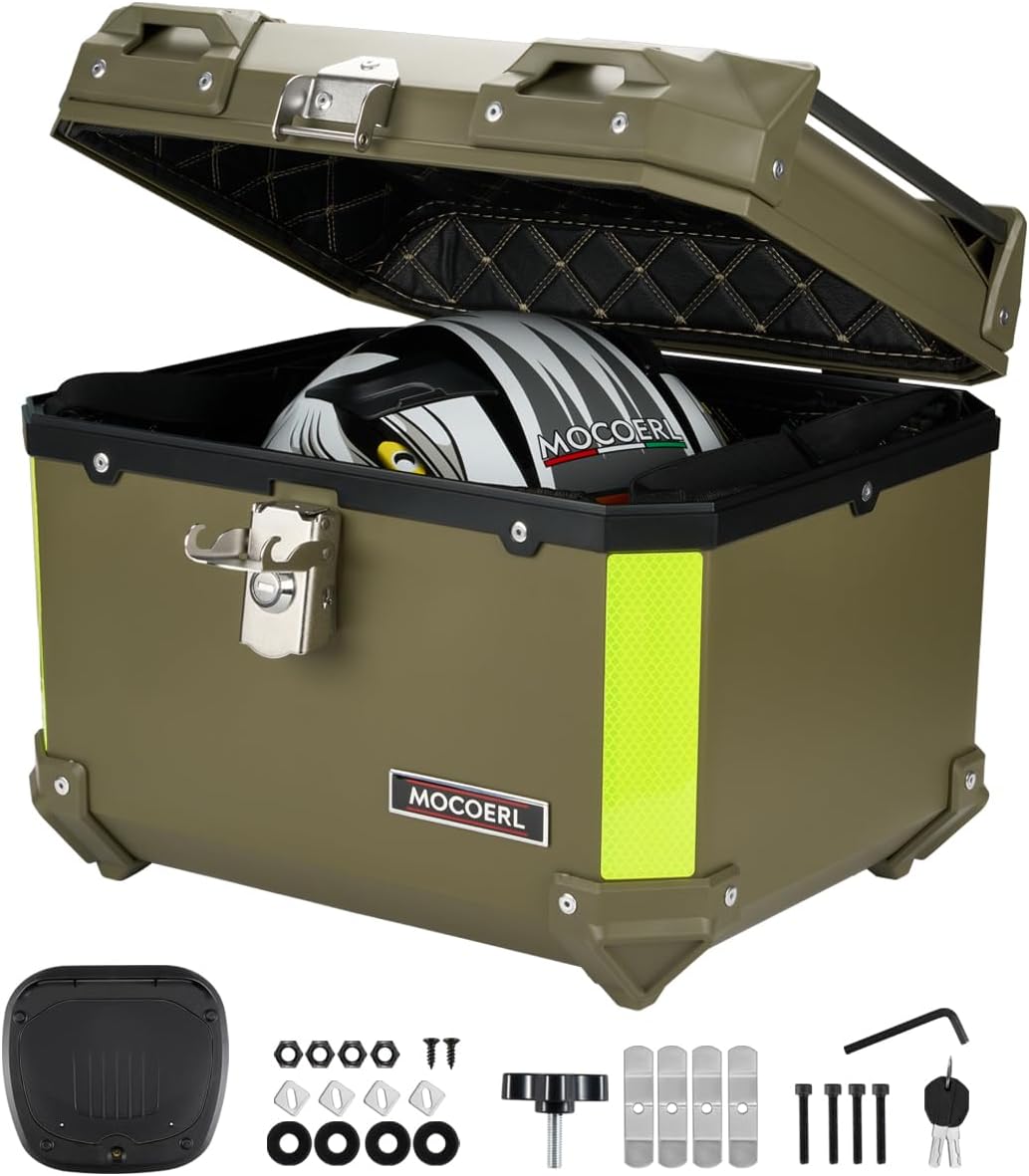 MOCOERL-Impermeable Baul Trasero Caja Moto Abs Respaldo Acojinado 45l Puede contener 1 casco Con cierre de seguridad de acero inoxidable Verde militar (E-570-G)