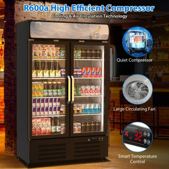 Refrigerador comercial para bebidas HUFY de 26.2 pies cúbicos con 2 puertas de vidrio, enfriador vertical para bebidas con iluminación LED, estantes ajustables y organizadores de bebidas, enfriamiento de 32 a 50