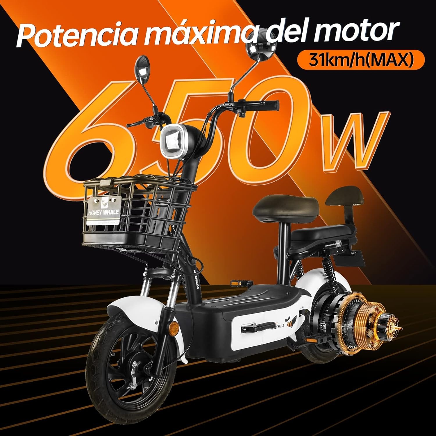 HONEYWHALE U1s Bicicleta Electrica para Adultos, Bicimoto Eléctrica con Alarma, Máxima del Motor 650W, Velocidad Máxima 31KM/H, Autonomía 60-65KM, Baterías de Gran Capacidad de 20AH, Dos Asientos