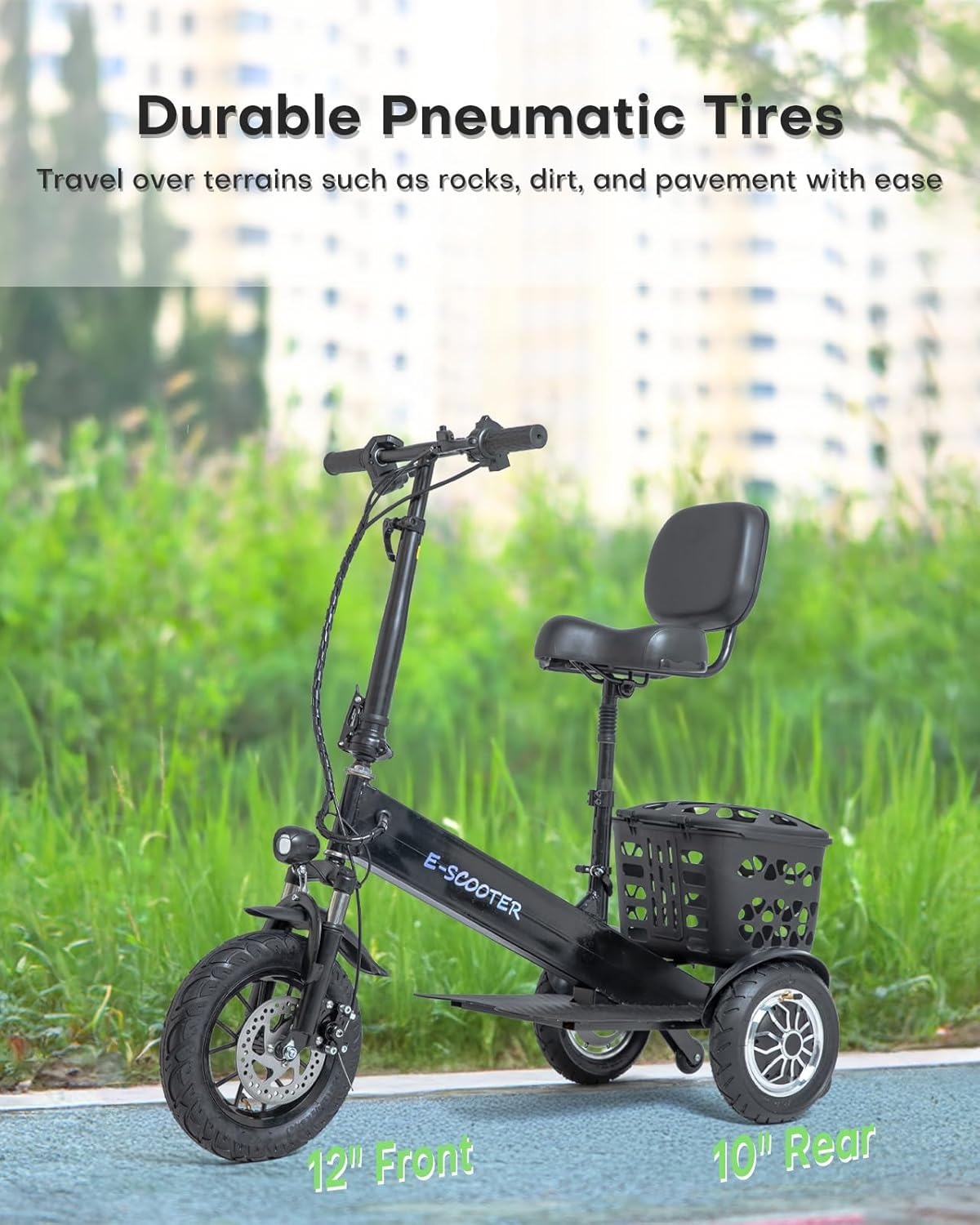 Patinete eléctrico de 3 ruedas para adultos, scooter de movilidad de 3 ruedas para adultos, carga de 350 libras, largo alcance, con cargador y cesta, cabe en baúles de coche para paseos diarios