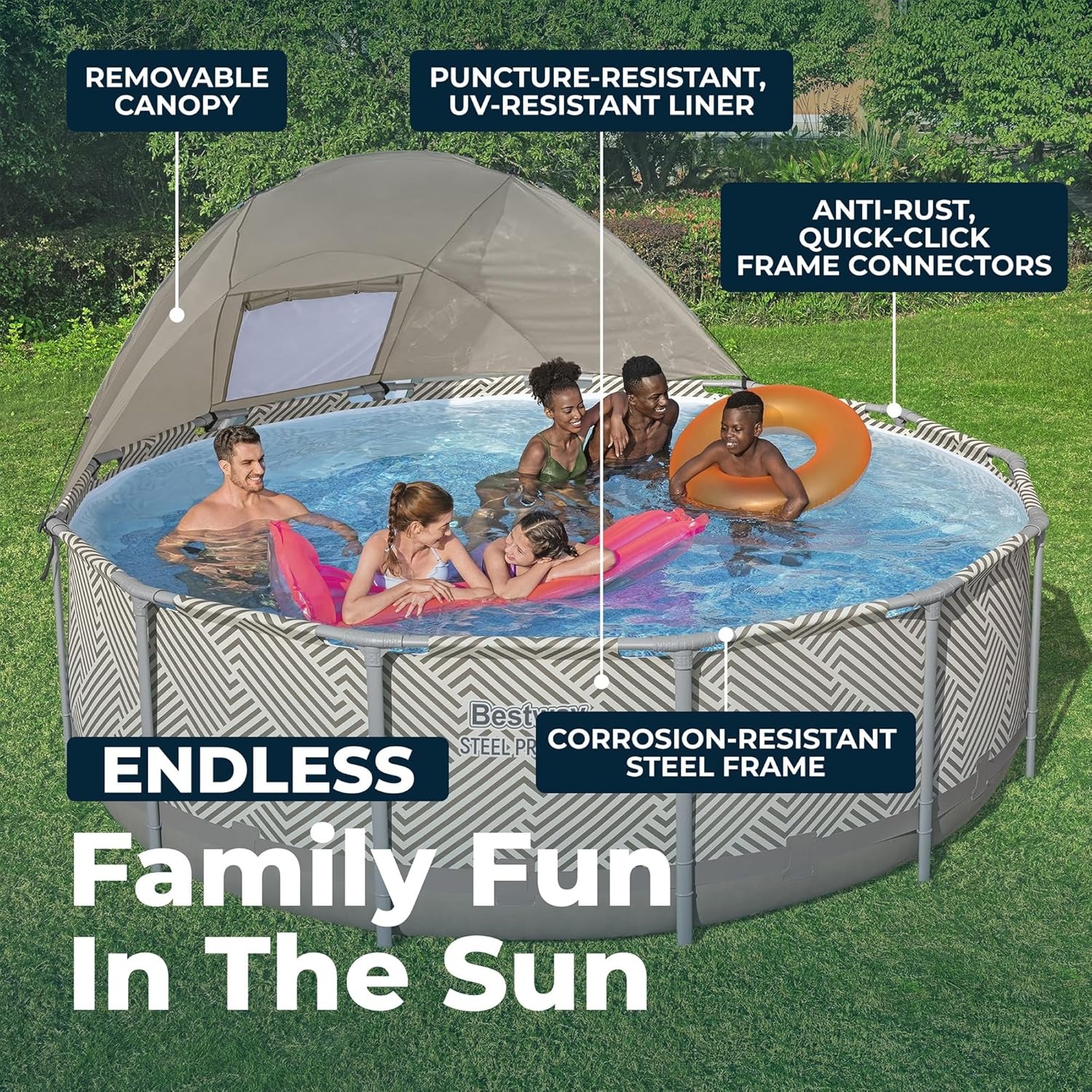Bestway Steel Pro - Juego de piscina redonda sobre el suelo de 13 x 42 pulgadas con capacidad de 2.941 galones, revestimiento DuraPlus, bomba de filtro, toldo, escalera y parche de reparación