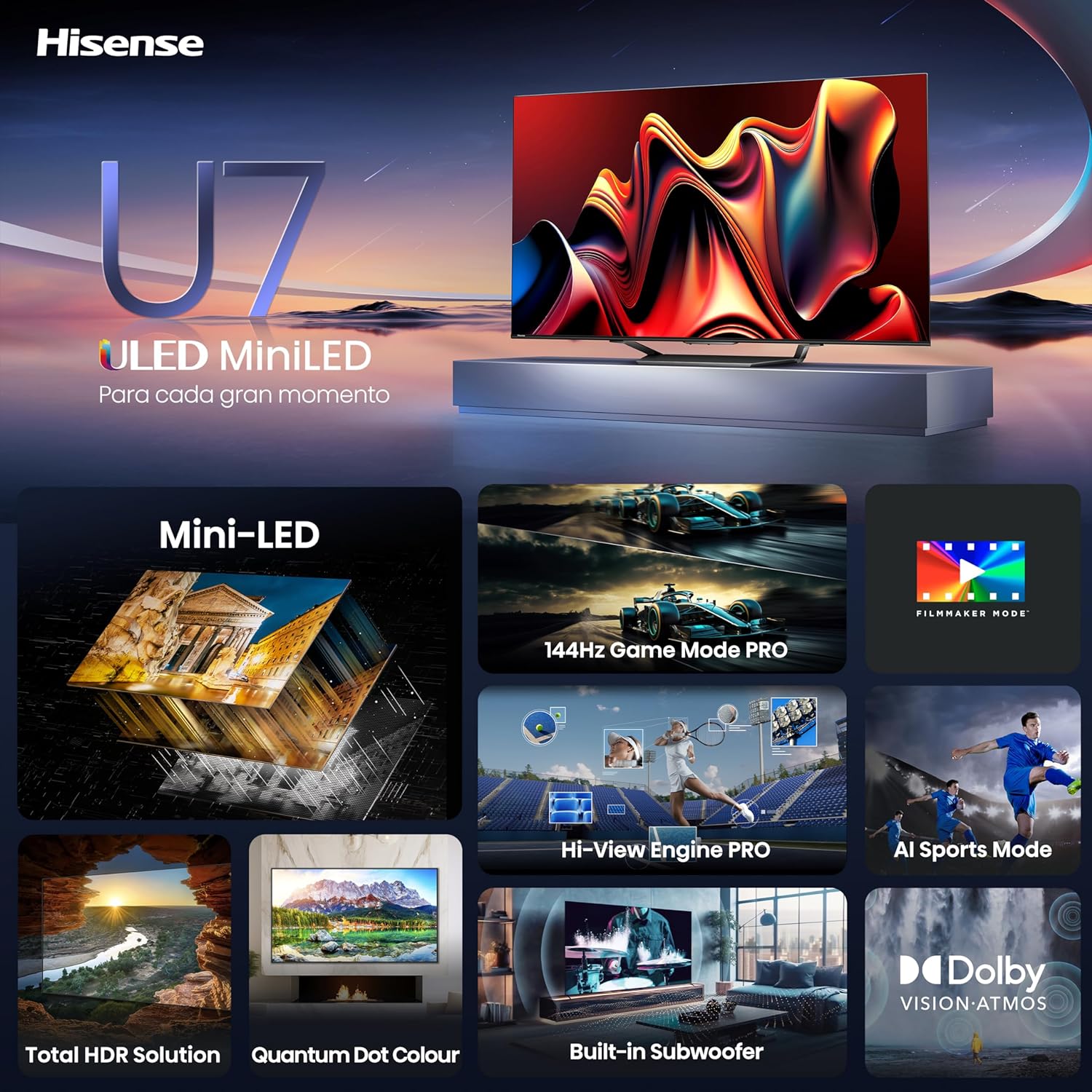 Hisense Pantalla MiniLED de 65" 65U7N Google TV Works with Alexa 2024