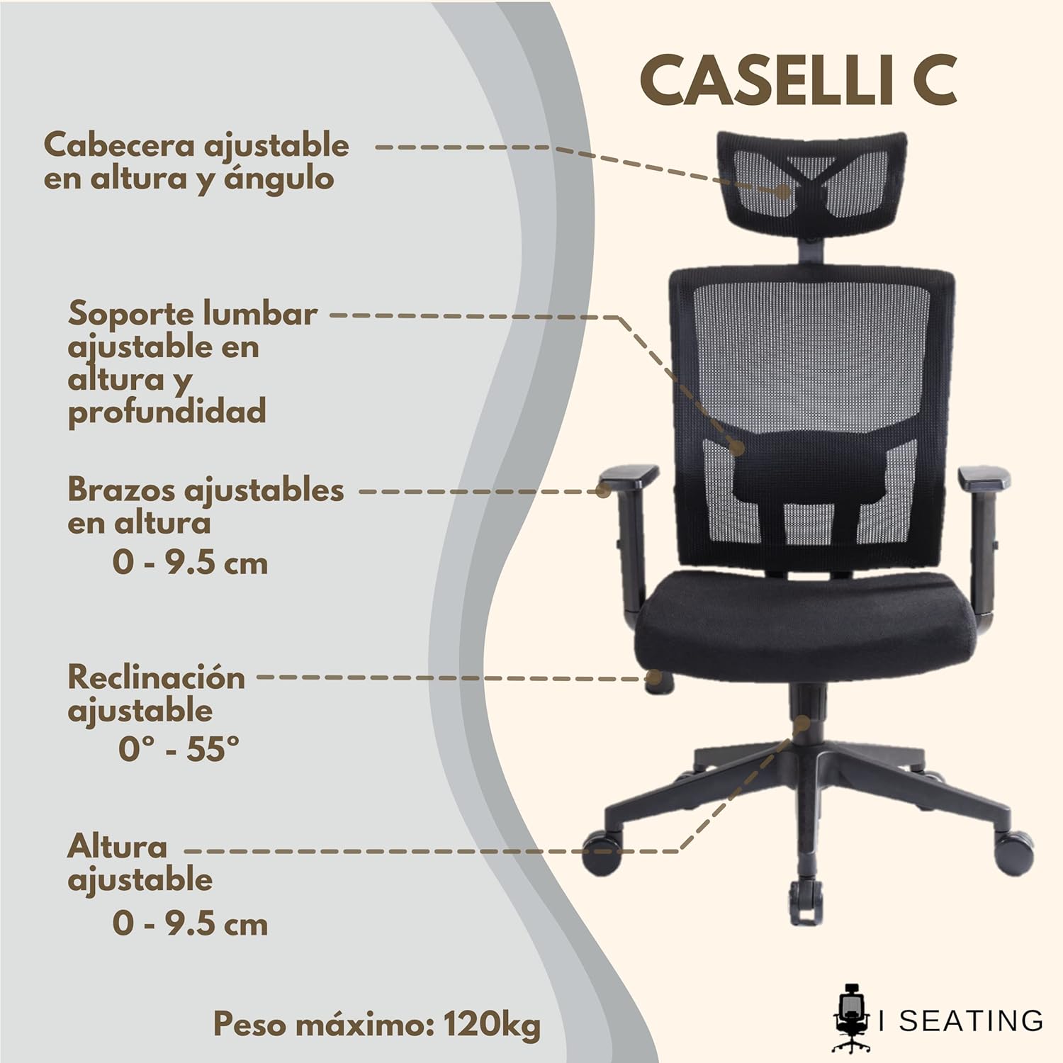 I SEATING Silla Oficina ejecutiva con cabecera y Soporte Lumbar Ajustable Silla Gamer sillas para Escritorio Silla ergonomica Caselli C