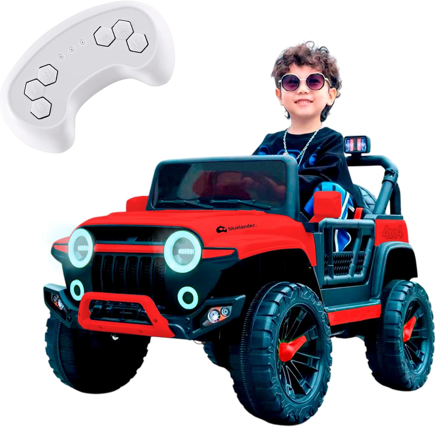 Bluelander Carro Electrico Tipo Jeep Montable Niño Niña, 69*61*105 Cm, Carro Electrico 5 KM/H, Carrito Montable Electrico Musical, Luz Led, Control Remoto, Puerto USB, MIC, Bateria Recargable (Rojo)
