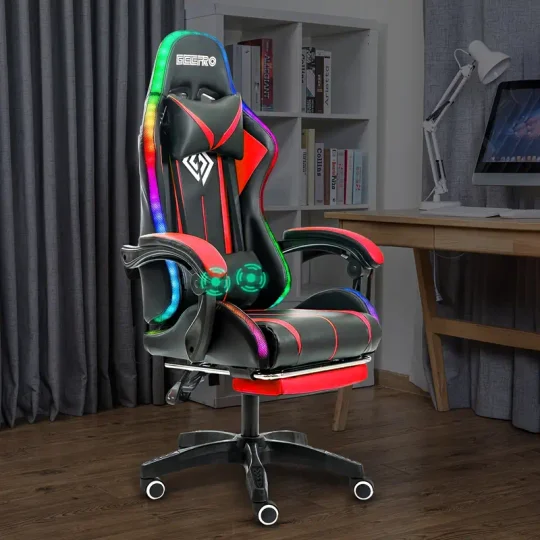 Silla Gaming RGB con Luces LED y Masaje Silla de Computadora Ergonómica Silla de Videojuego de Respaldo Alto con Reposapiés y Soporte Lumbar Ajustable Reposabrazos de Enlace