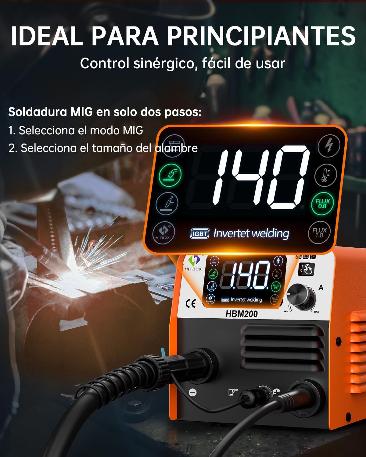 HITBOX Soldadora Inversora Microalambre, 140A sin Gas/Stick/Lift TIG 3 en 1 Inversor para Soldar, 110V Maquina de Soldar Portatil, Máquina de Soldar Soldadora MIG Planta de Soldar(HBM200)