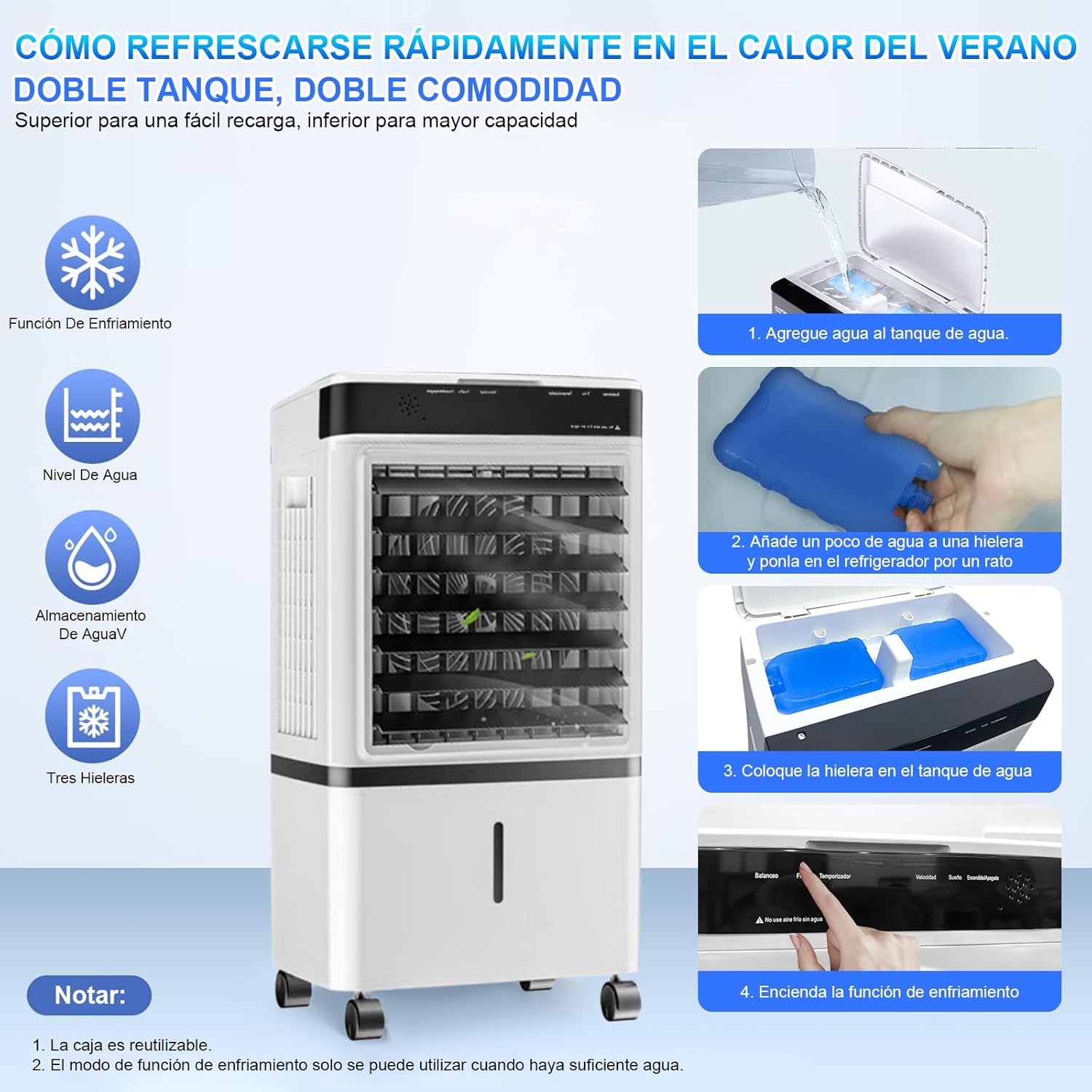 Enfriador de Aire 3 en 1 Portátil, 70W, 3 Velocidades, Control Remoto, 14L, Diseño de Doble Ventilación y Salidas en Espiral, Potente y Eficiente, Ideal para Uso Interior y Exterior
