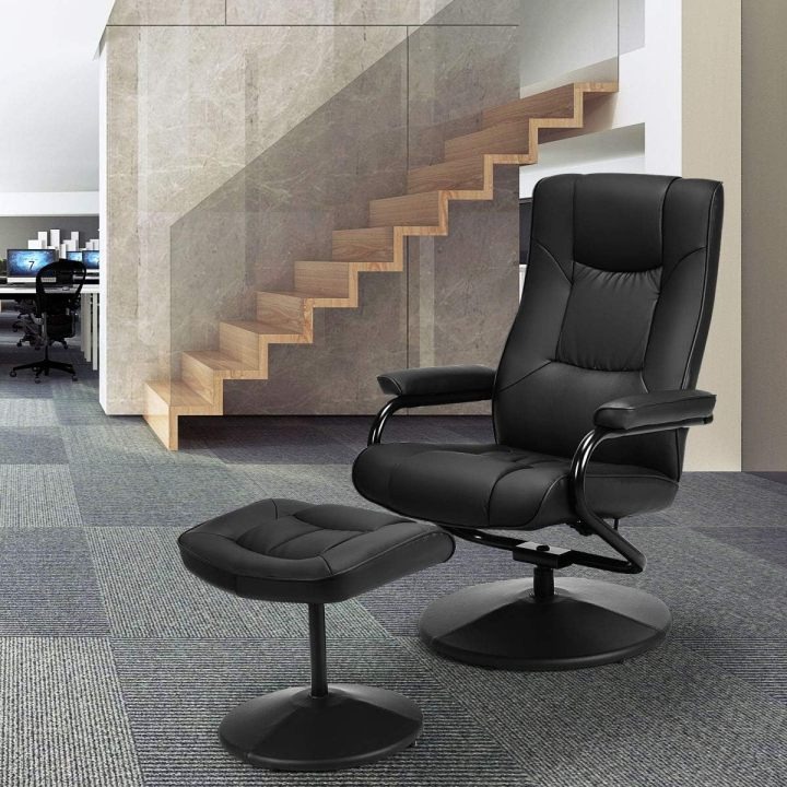WATERJOY - Sillón reclinable Giratorio de Piel sintética, sillón reclinable de 360 Grados Giratorio, Acolchado con reposapiés, Taburete otomano para Oficina, Sala de Estar, Color Negro