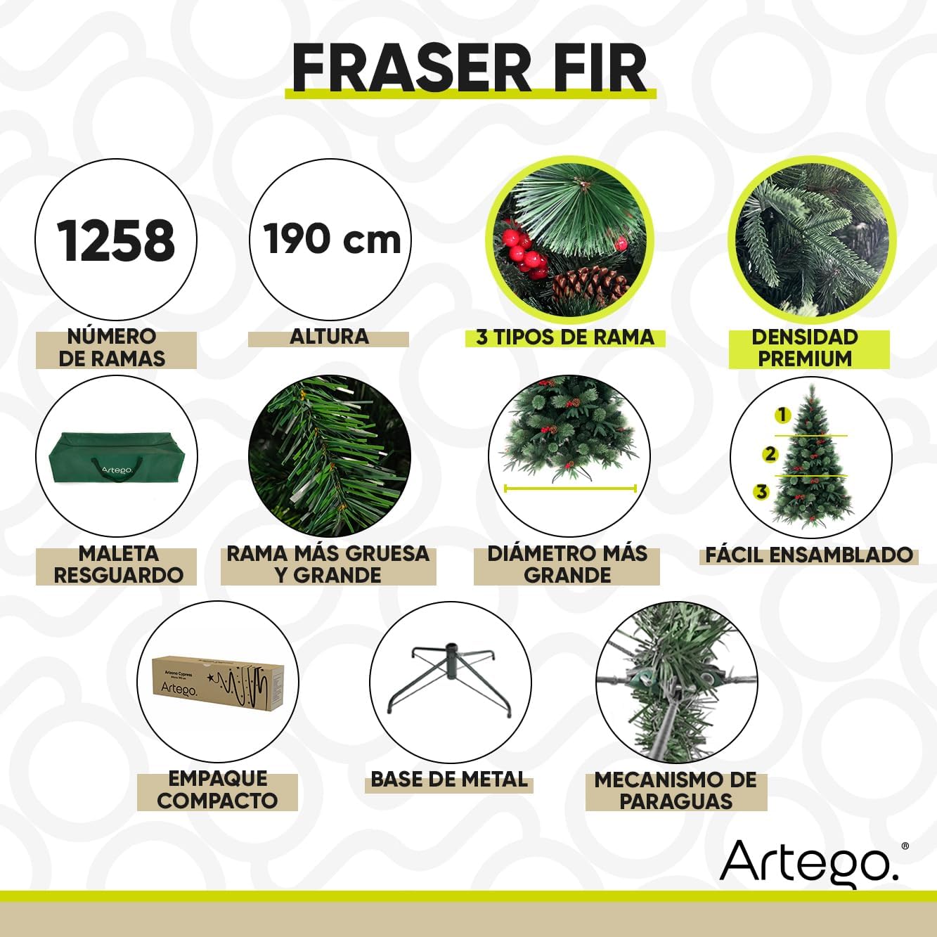 BECKON Árbol de Navidad Premium 2.20m Fraser Fir Artego (3 Materiales) Frondoso (1676 Ramas) Pino Artificial Navideño Artego + Maleta/Christmas Tree Decoración navideña (Fraser 220cm)