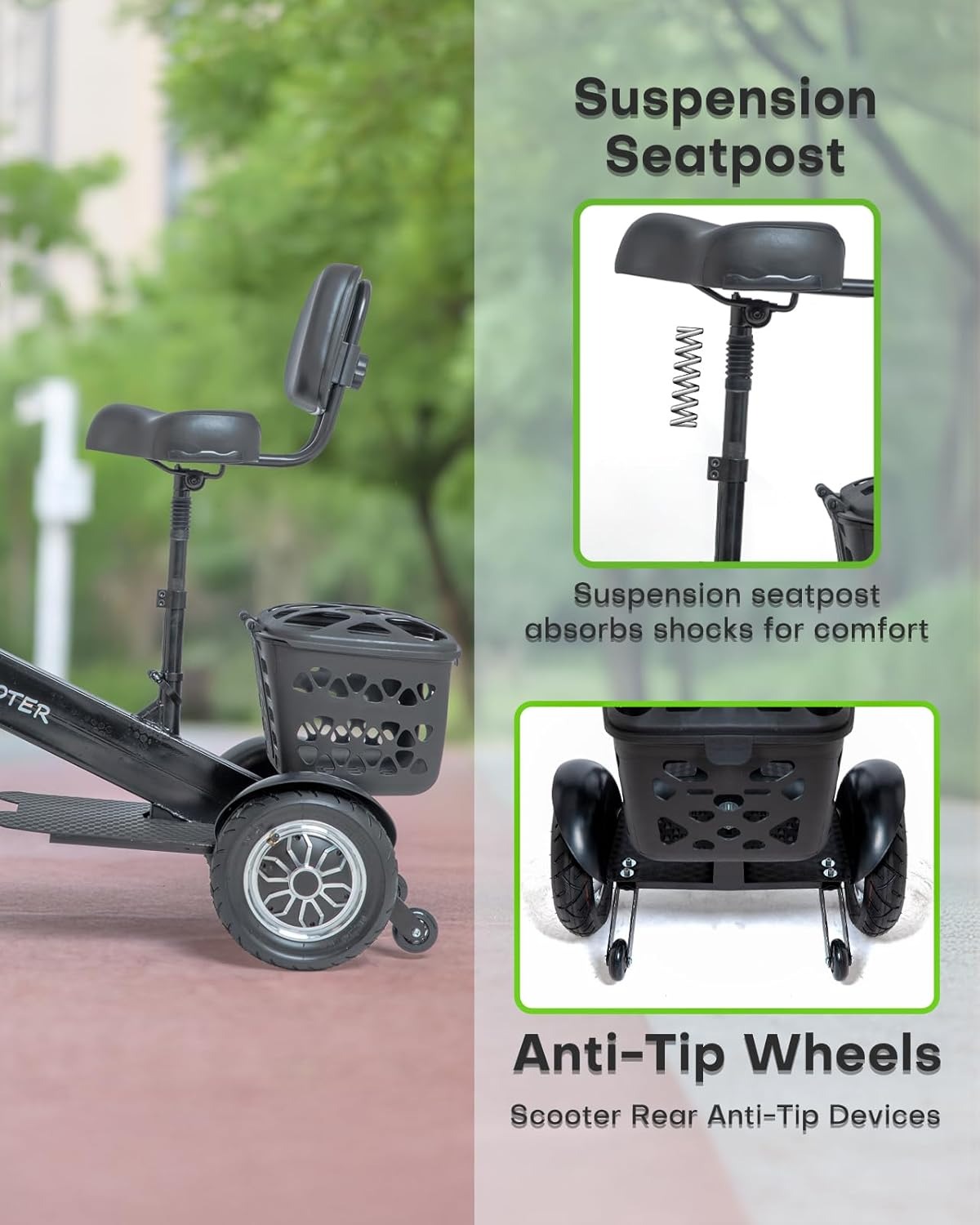 Patinete eléctrico de 3 ruedas para adultos, scooter de movilidad de 3 ruedas para adultos, carga de 350 libras, largo alcance, con cargador y cesta, cabe en baúles de coche para paseos diarios