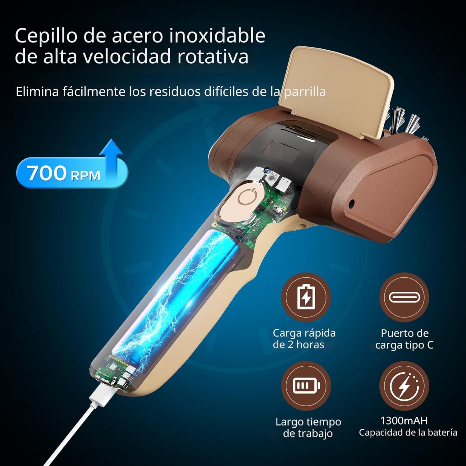 Cepillo eléctrico para parrillas de exterior, limpiador eléctrico inalámbrico para parrillas, cepillo de acero inoxidable recargable para limpieza de parrillas, raspador para parrillas, accesorios para barbacoa (marrón)