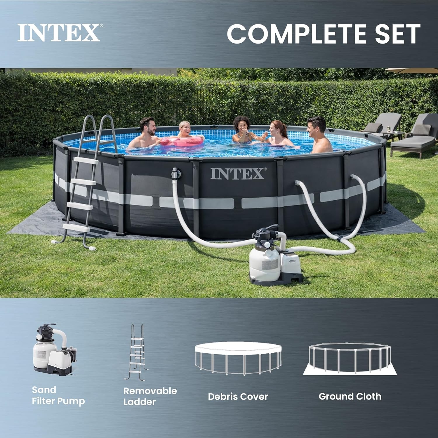 Set de piscina Intex Ultra XTR de 16 pies x 48 pulgadas, con bomba de filtro de arena, escalera, tapiz de suelo y cobertor.