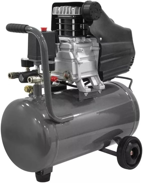 Compresor de aire 25 litros para pintar motor de 2.5 hp, 115 psi, sopletear, barnizar, con doble conexión rápida. Incluye manguera para compresor de 3 metros y pistola de gravedad.