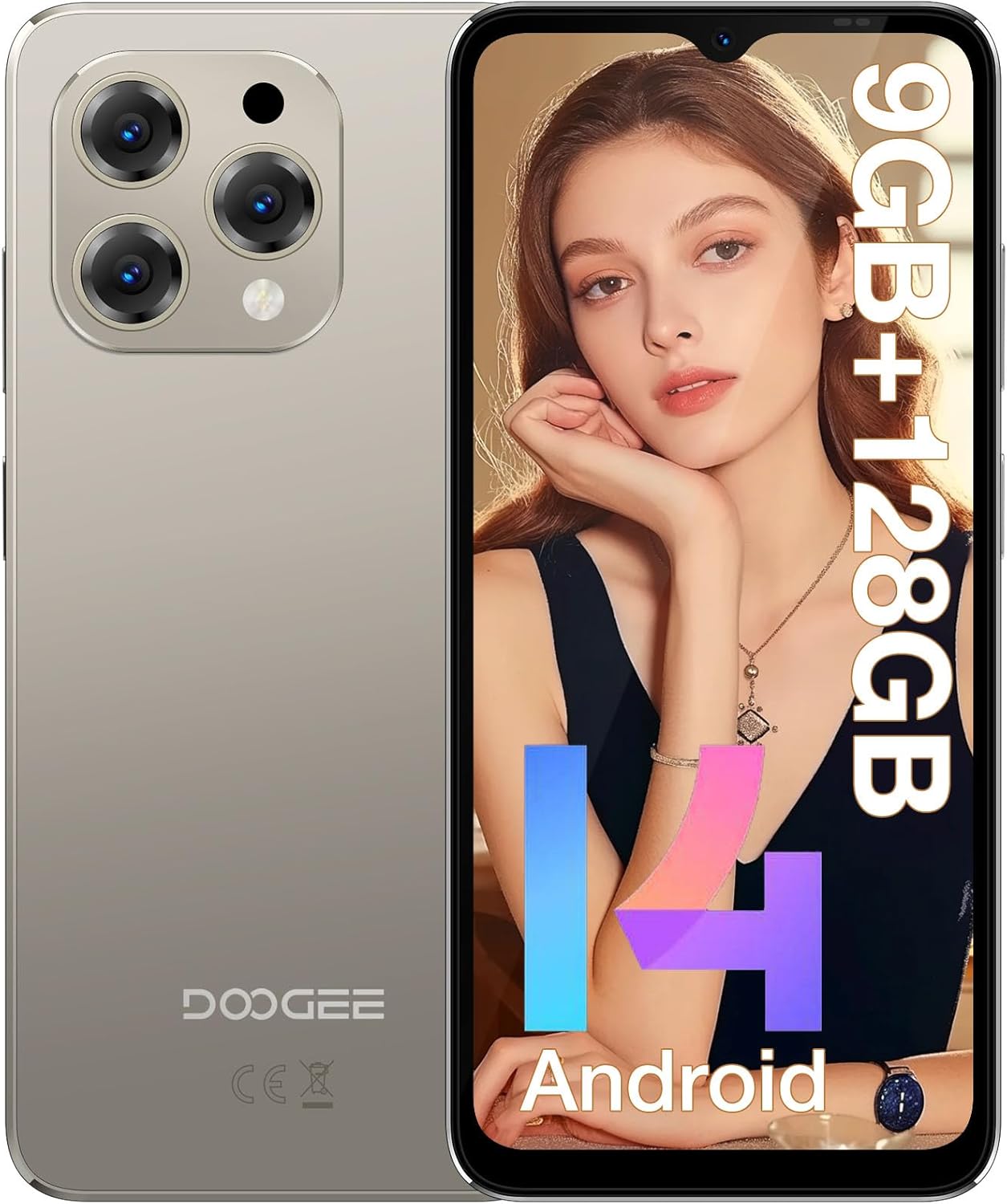 DOOGEE N55 Android 14 Teléfono móvil,9GB+128GB Expandible 1TB Teléfono Android,6.56" HD+ 90Hz Teléfono móvil Desbloqueado,5150mAh Batería,13MP+8MP,Dual SIM 4G Teléfono,Face Unlock,OTG/T-Mobile