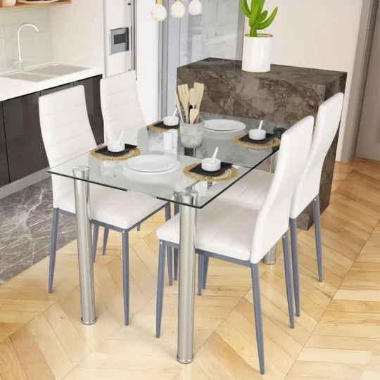 Conjunto de comedor de 5 piezas, mesa y 4 sillas, muebles de cocina y desayuno de vidrio y metal.