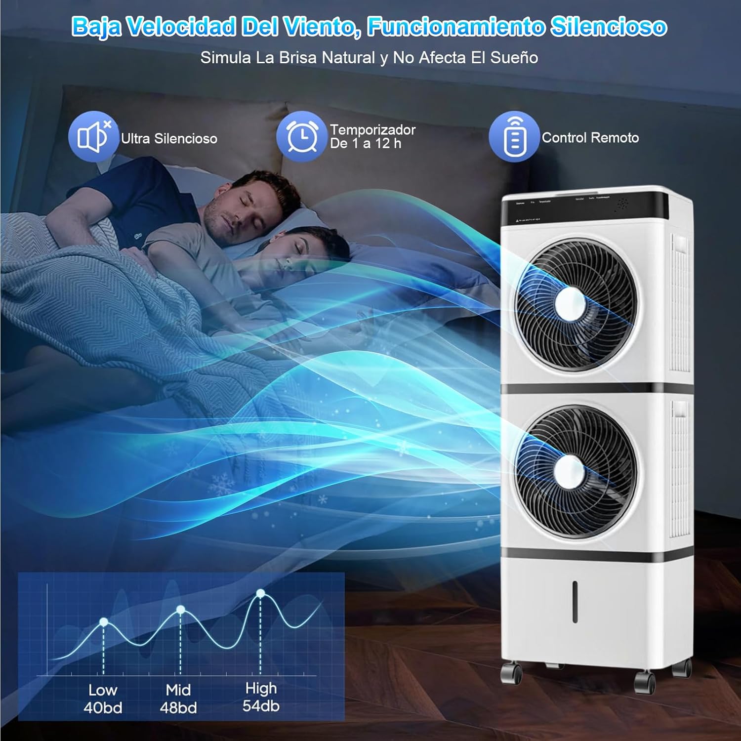 Enfriador de Aire 3 en 1 Portátil, 70W, 3 Velocidades, Control Remoto, 14L, Diseño de Doble Ventilación y Salidas en Espiral, Potente y Eficiente, Ideal para Uso Interior y Exterior