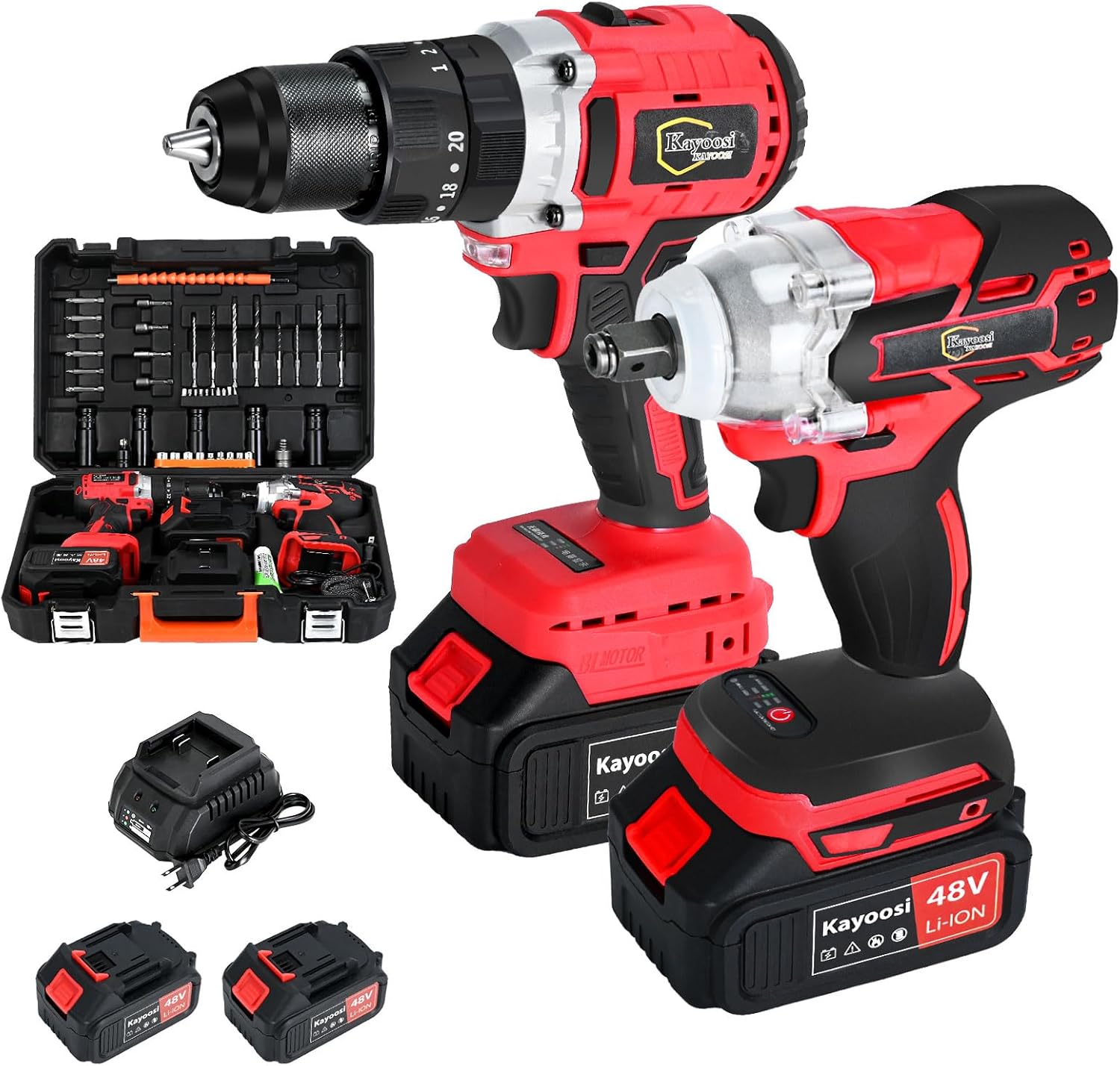 Kayoosi Taladro Electrico Inalámbrico y Juego de Llave de Impacto, con 2 Baterías Recargables de Iones de Litio y Cargador, con 33 Accesorios, Incluidas Tomas de Corriente, con Kit de Montaje.