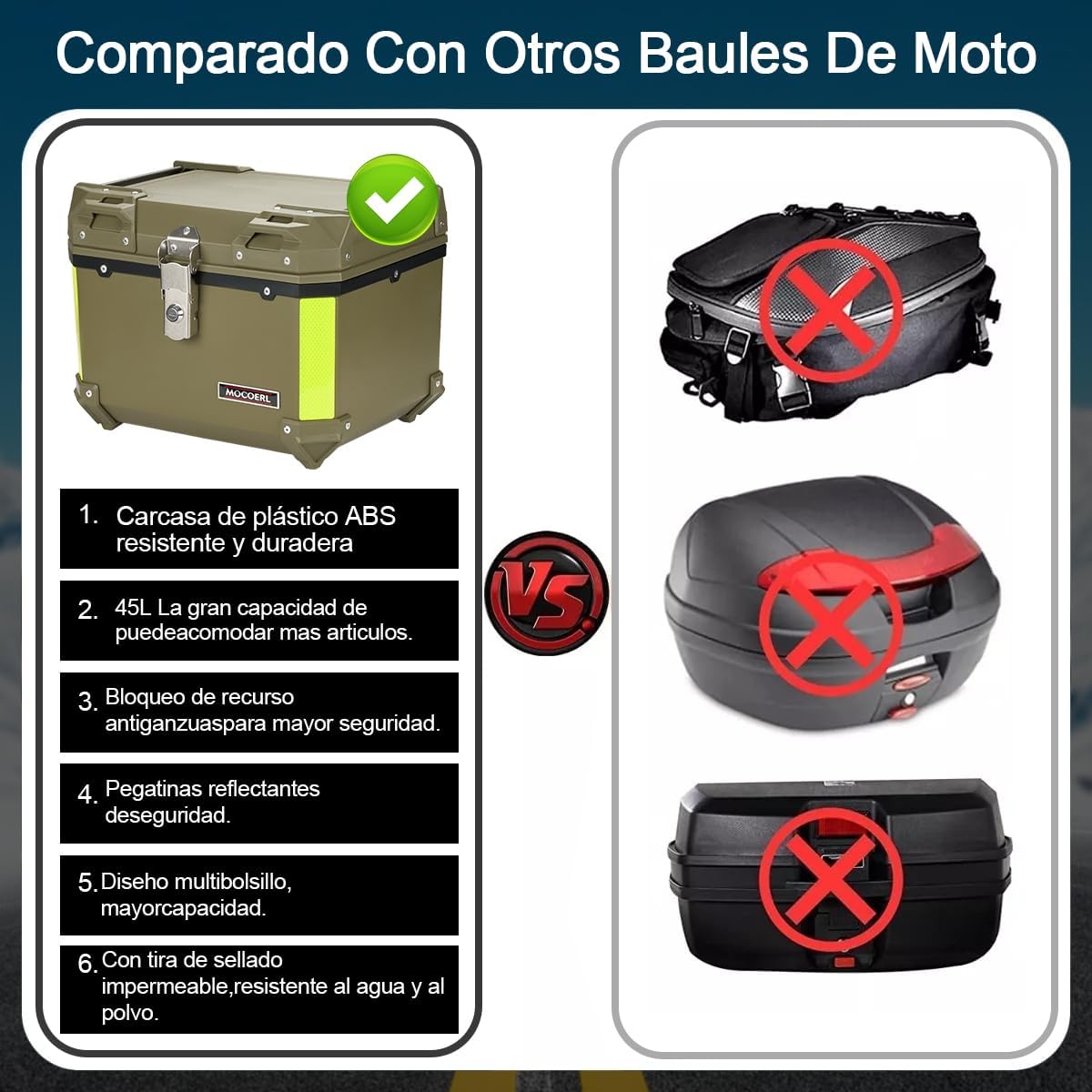 MOCOERL-Impermeable Baul Trasero Caja Moto Abs Respaldo Acojinado 45l Puede contener 1 casco Con cierre de seguridad de acero inoxidable Verde militar (E-570-G)