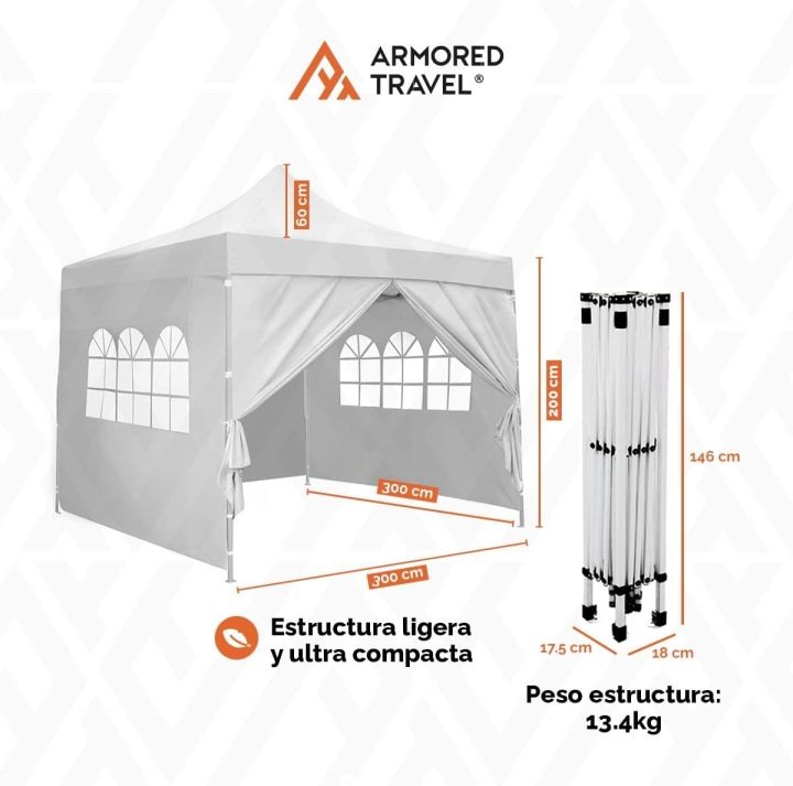 Toldo con Paredes Carpa Plegable Retráctil Impermeable 3x3 M Premium para Exteriores Jardín Armored Travel | Uso comercial | Negocio Uso rudo *Acero Reforzado* + **Maleta Transportadora** + *Estacas* Canopy Tent Gazebo Instant Shelter
