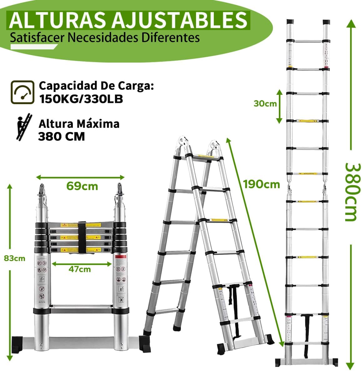 Bowoshen Escalera Telescópica de 5 Metros con Ganchos Escalera Recta de Aluminio Soporta 150 kg Plegable De Retracción Multiusos Extensible Compacta y Portátil Bloqueo De Escalón