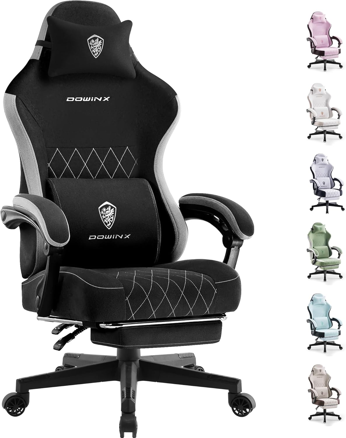 Dowinx - Silla de juego de tela con cojín de resorte de bolsillo, silla ergonómica de computadora con respaldo alto con reposapiés para adultos, soporte lumbar de masaje, silla de juego giratoria para