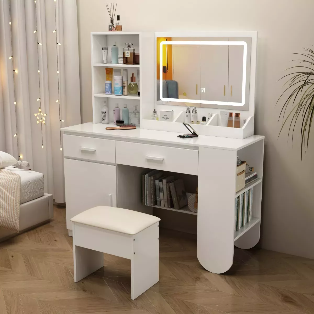 Tocador De Dormitorio Con Led Espejo Con Silla Compacto New Multifuncional Tocador Vanity Con Espejo Y Cajón Recamara