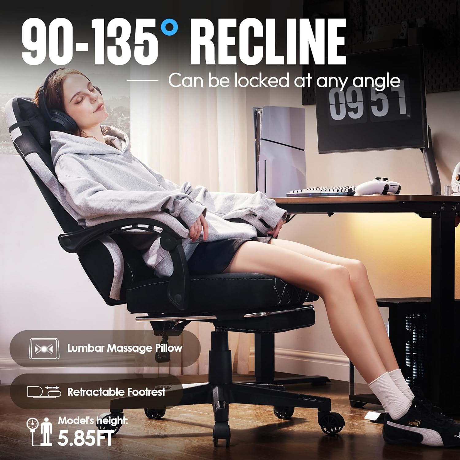 Dowinx - Silla de juego de tela con cojín de resorte de bolsillo, silla ergonómica de computadora con respaldo alto con reposapiés para adultos, soporte lumbar de masaje, silla de juego giratoria para
