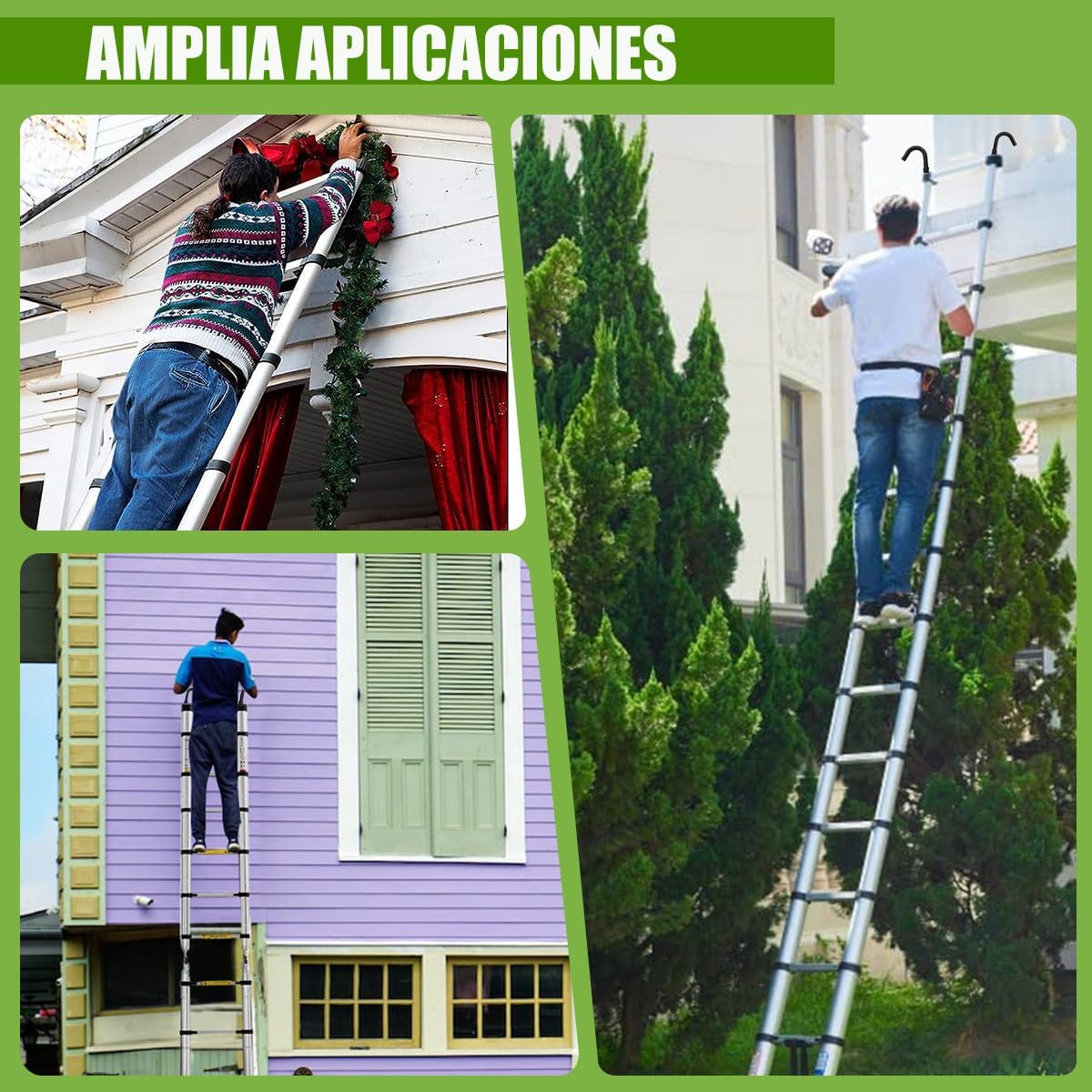 Bowoshen Escalera Telescópica de 5 Metros con Ganchos Escalera Recta de Aluminio Soporta 150 kg Plegable De Retracción Multiusos Extensible Compacta y Portátil Bloqueo De Escalón