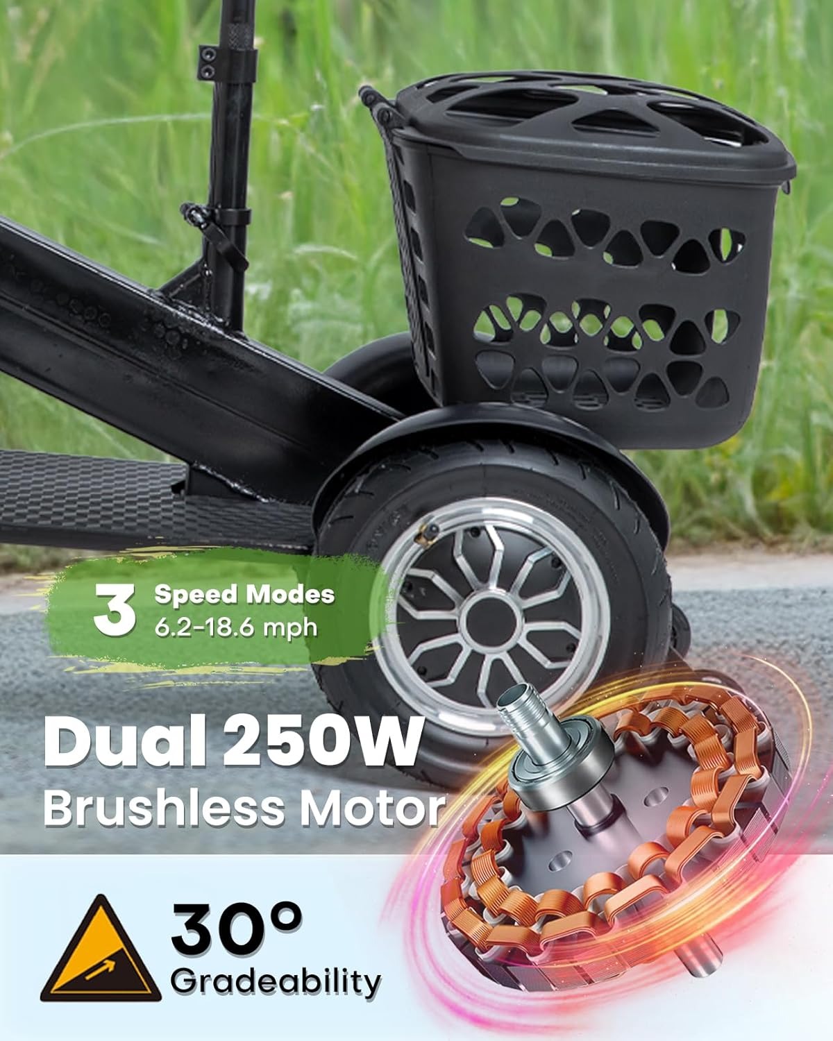 Patinete eléctrico de 3 ruedas para adultos, scooter de movilidad de 3 ruedas para adultos, carga de 350 libras, largo alcance, con cargador y cesta, cabe en baúles de coche para paseos diarios