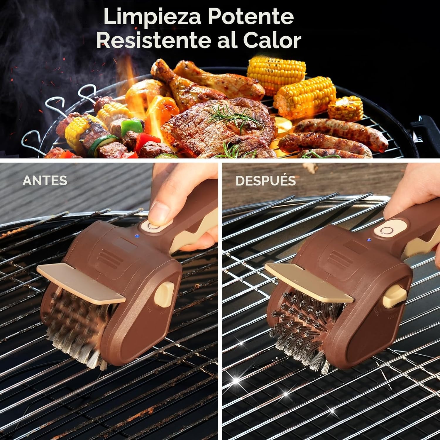 Cepillo eléctrico para parrillas de exterior, limpiador eléctrico inalámbrico para parrillas, cepillo de acero inoxidable recargable para limpieza de parrillas, raspador para parrillas, accesorios para barbacoa (marrón)