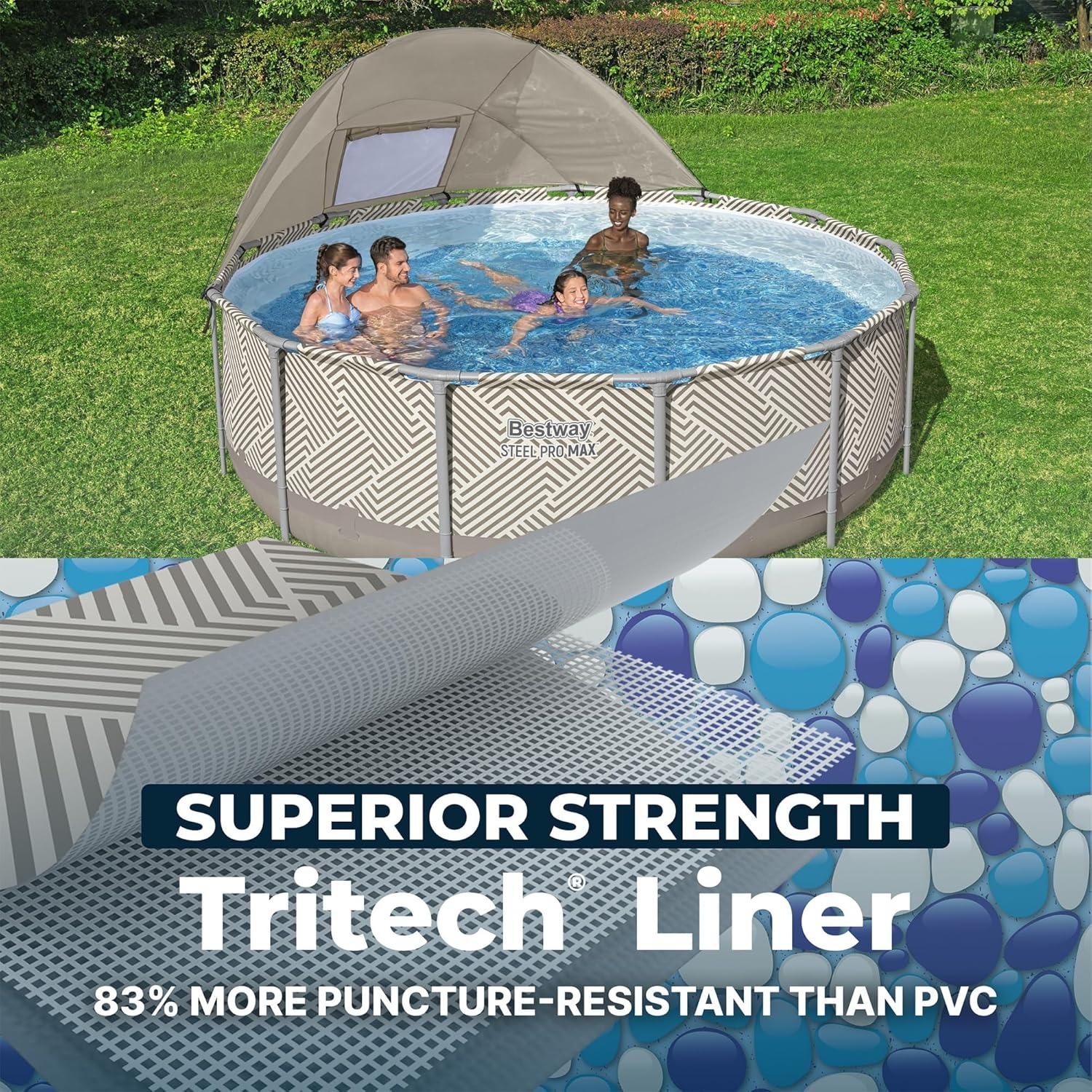 Bestway Steel Pro - Juego de piscina redonda sobre el suelo de 13 x 42 pulgadas con capacidad de 2.941 galones, revestimiento DuraPlus, bomba de filtro, toldo, escalera y parche de reparación