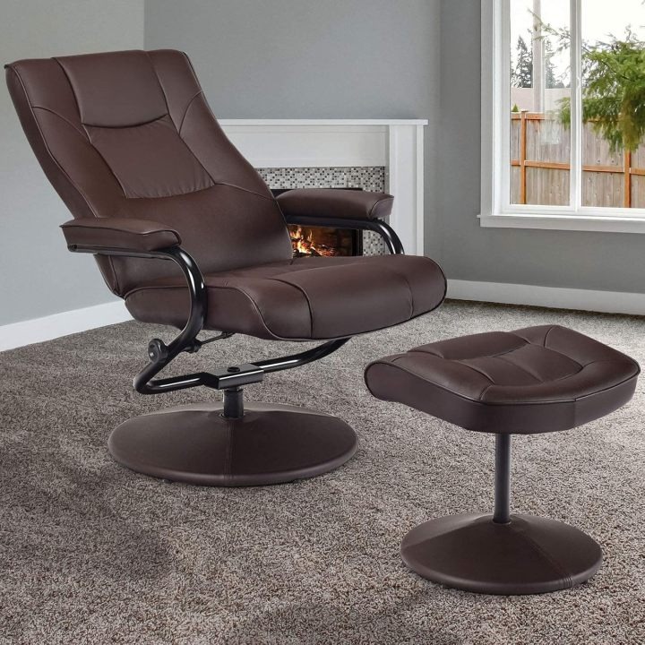 WATERJOY - Sillón reclinable Giratorio de Piel sintética, sillón reclinable de 360 Grados Giratorio, Acolchado con reposapiés, Taburete otomano para Oficina, Sala de Estar, Color Negro