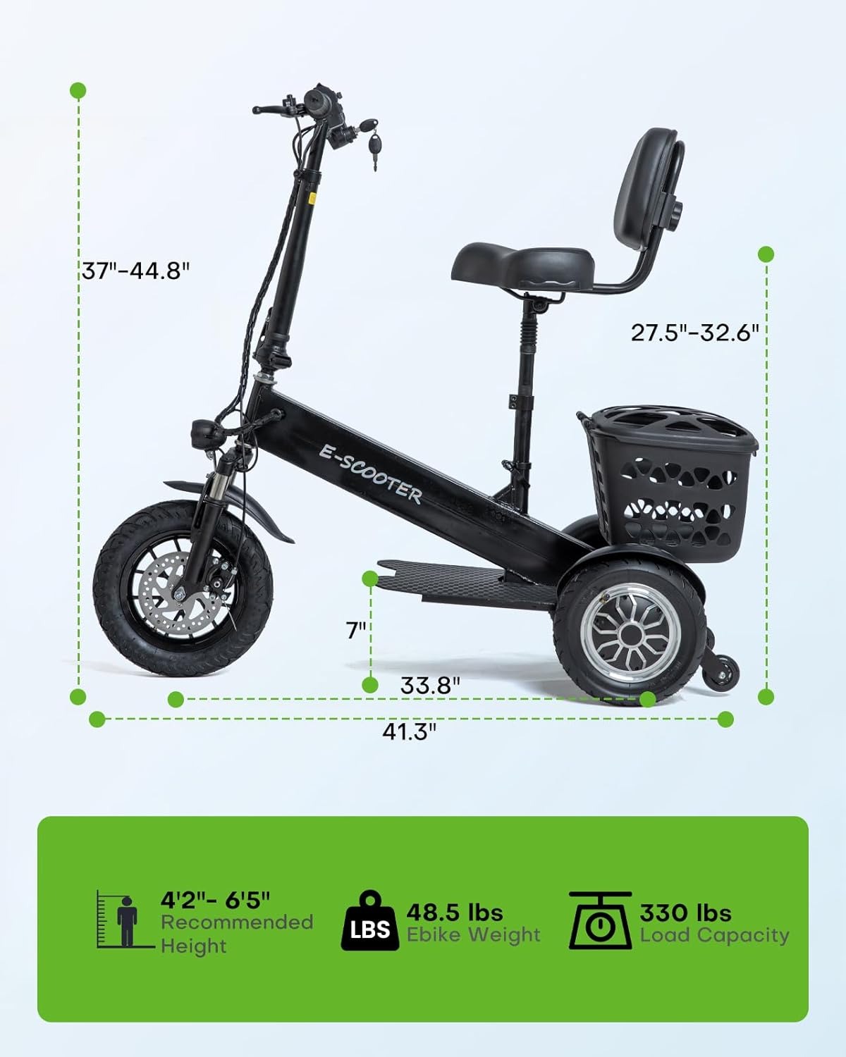Patinete eléctrico de 3 ruedas para adultos, scooter de movilidad de 3 ruedas para adultos, carga de 350 libras, largo alcance, con cargador y cesta, cabe en baúles de coche para paseos diarios