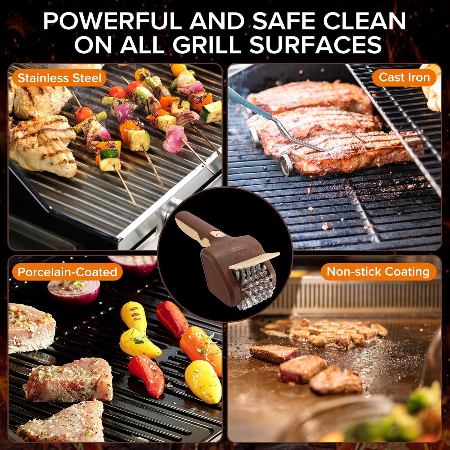 Cepillo eléctrico para parrillas de exterior, limpiador eléctrico inalámbrico para parrillas, cepillo de acero inoxidable recargable para limpieza de parrillas, raspador para parrillas, accesorios para barbacoa (marrón)