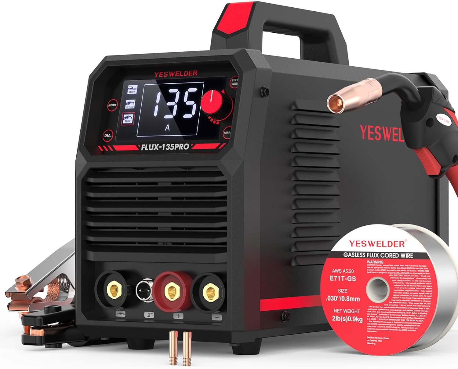 YESWELDER Soldadora Inversora Microalambre De 135 Amperios, 110 V Flux Core Soldadora Inversora， MIG/LIFT TIG/STICK MáQuina De Soldadura 3 En 1 Igbt Inverter Soldadora