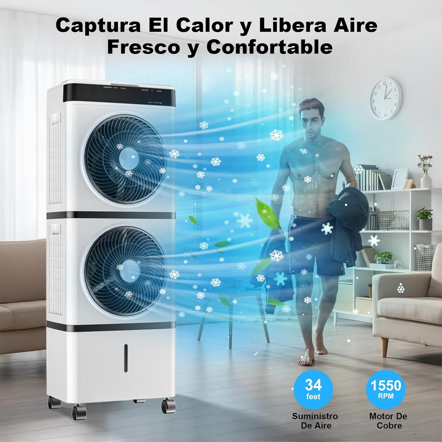 Enfriador de Aire 3 en 1 Portátil, 70W, 3 Velocidades, Control Remoto, 14L, Diseño de Doble Ventilación y Salidas en Espiral, Potente y Eficiente, Ideal para Uso Interior y Exterior